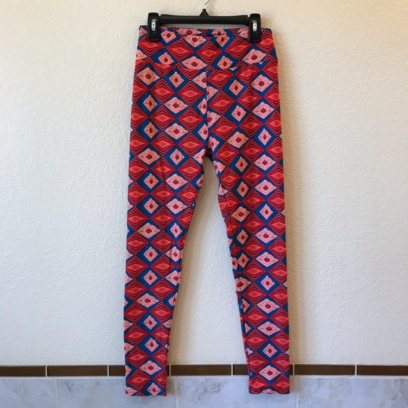 Lularoe Leggings Tights One Size Fall Colors Geometric Orange Blue - Picture 3 of 10